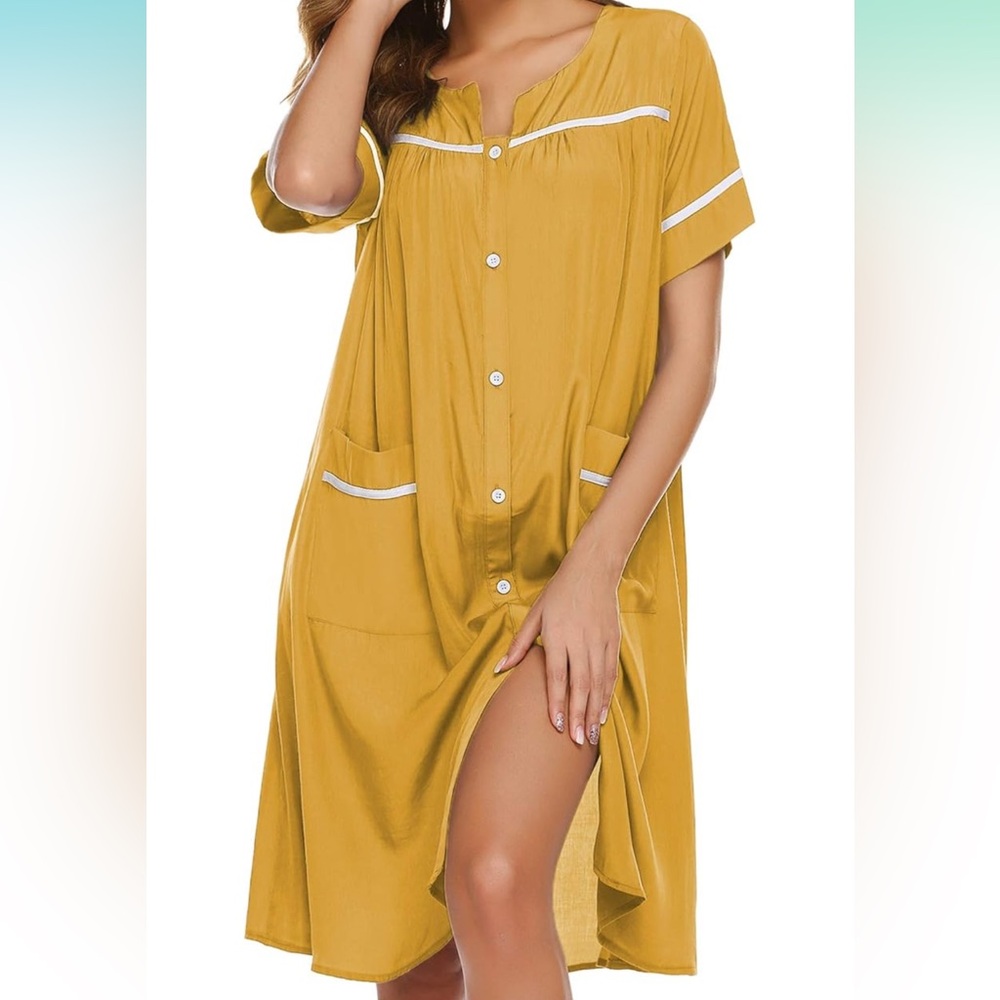 Yellow Button-Up House Dress with White Accents - Picture 12 of 16